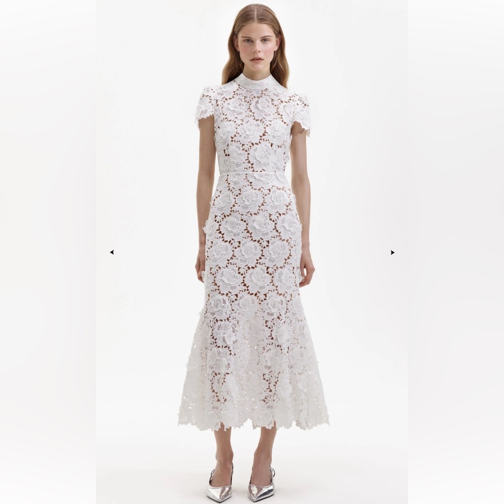 Self-Portrait White Flower Lace Midi Dress